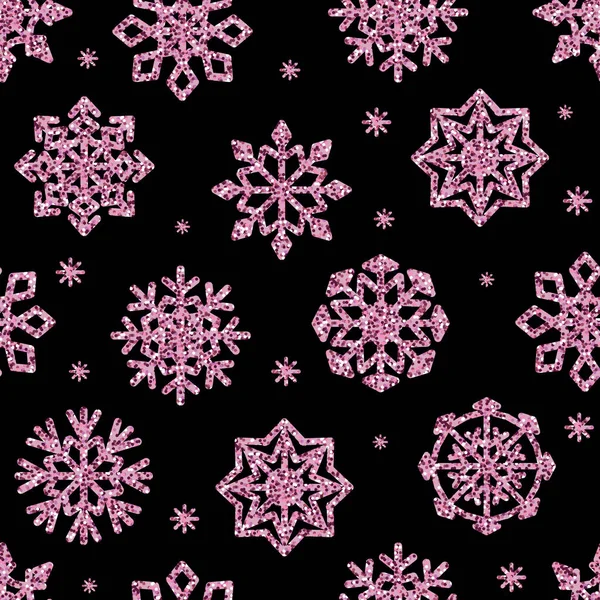 黒の背景に隔離されたベクトルシームレスパターングリッターピンクの雪片 — ストックベクタ