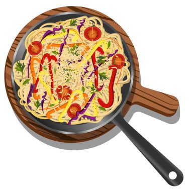 Biber, maydanoz, peynir, domates, havuç, mor lahana ve baharatlı makarnanın beyaz arka planda izole edilmiş ahşap pano ve kızartma tavasında vektör çizimi.