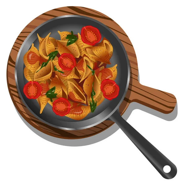 Vector Illustration Top View Conchiglie Pasta Sauce Tomatoes Herbs Frying — Wektor stockowy