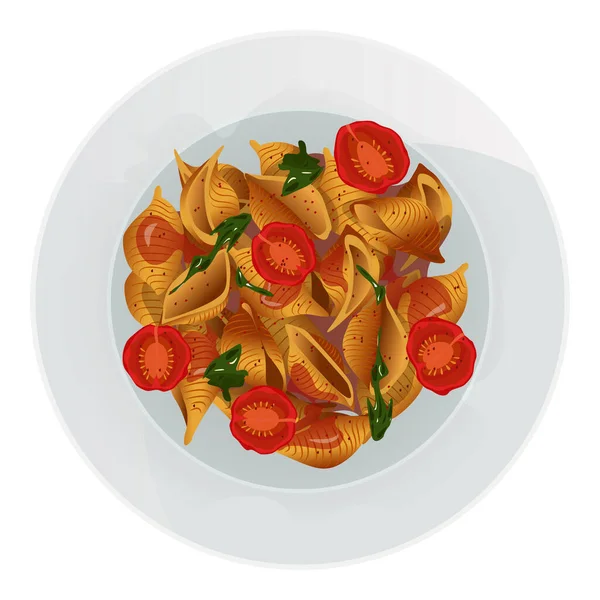 Vector Top View Conchiglie Pasta Sauce Tomatoes Herbs Plate Isolated — Wektor stockowy