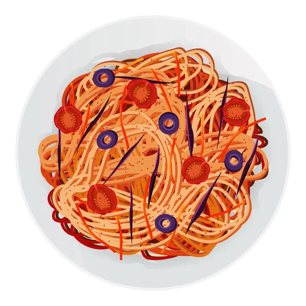スパゲティを絡めた アジアの麺 ソース トマト ハーブ スパイス ニンジン 紫キャベツ 白い背景に隔離されたプレート内のオリーブと長い赤パスタのベクトルイラスト 漫画マカロニ — ストックベクタ