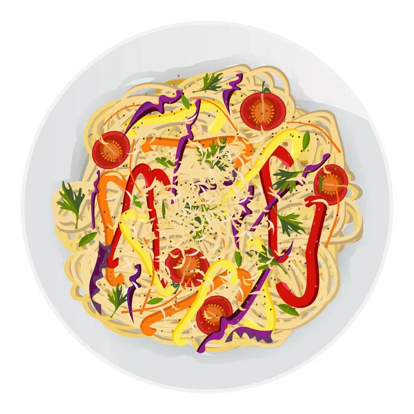 野菜とスパゲティを絡めた アジアの麺 トマト ピーマン スパイス パセリ 白の背景に隔離されたプレートに紫色のキャベツと長いパスタのベクトルイラスト 漫画マカロニ — ストックベクタ
