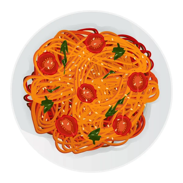 스파게티 동양인 파스타에 토마토 향신료 배경에 접시에 참깨를 곁들인 마카로니 — 스톡 벡터
