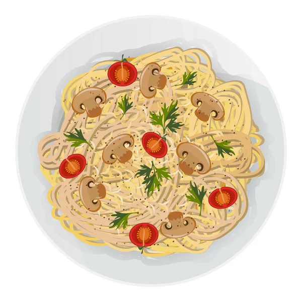 Tangled Spaghetti Asian Noodles Vector Illustration Long Pasta Cheese Mushrooms — стоковий вектор