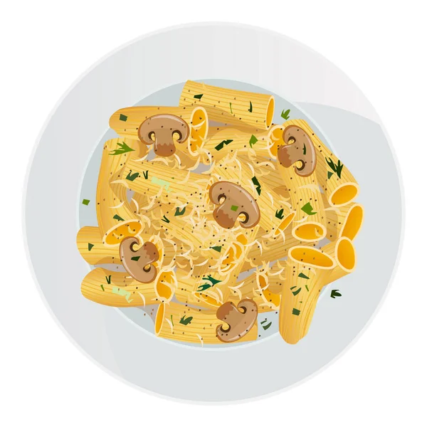 Vecteur Vue Dessus Rigatoni Macaroni Fromage Champignons Persil Assiette Isolé — Image vectorielle