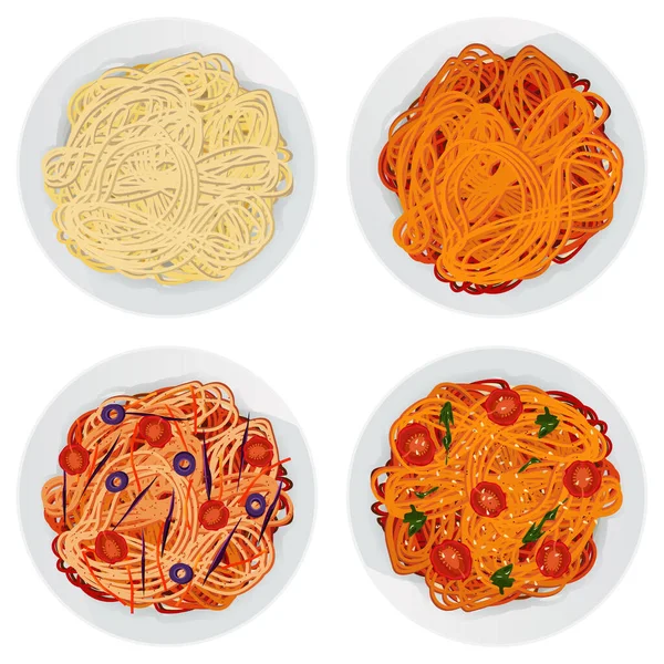 Vector Set Top View Pasta Greens Sauce Ketchup Tomatoes Carrots — Stockvektor