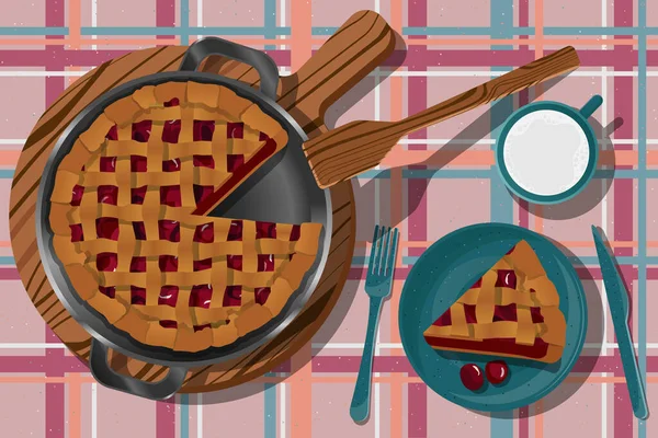 Vector Illustration Whole Cherry Pie Frying Pan Wooden Board Cut — Vettoriale Stock