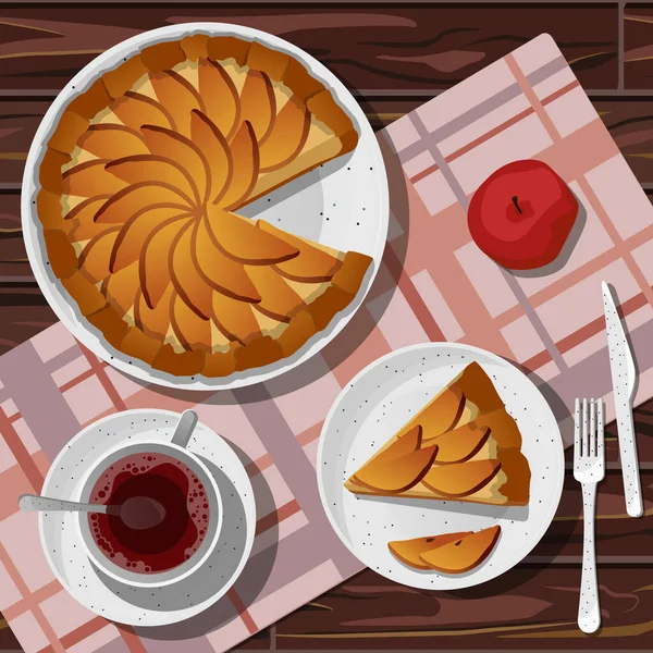 Vector Illustration Whole Apple Pie Cut Piece White Plate Red — Vettoriale Stock
