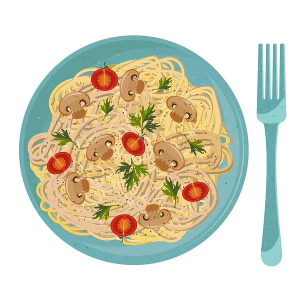 Vector Illustratie Van Bovenaanzicht Van Lange Pasta Met Champignon Champignons — Stockvector