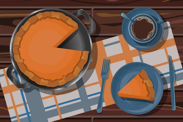 Vector Illustration Whole Pumpkin Pie Frying Pan Cut Piece Blue — Vettoriale Stock