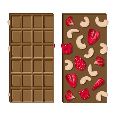 Set of milk chocolate bar with cashew nuts and dried strawberries isolated on white background. Vector realistic illustration.