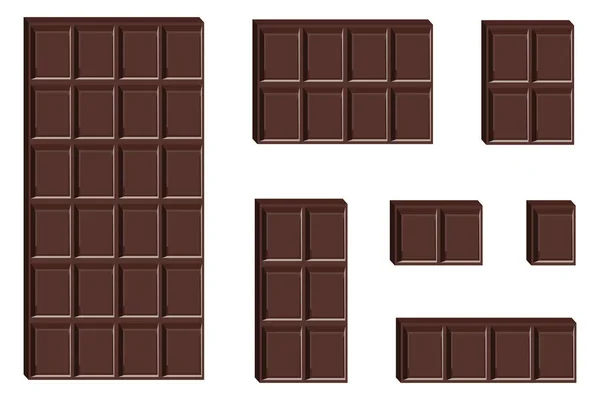 Vector Set Dark Chocolate Bars Pieces Different Sizes Isolated White — Vetor de Stock