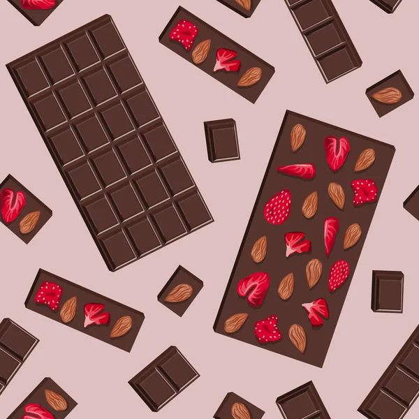 Vector Seamless Pattern Dark Chocolate Bar Dried Strawberries Almonds Pieces — Vetor de Stock
