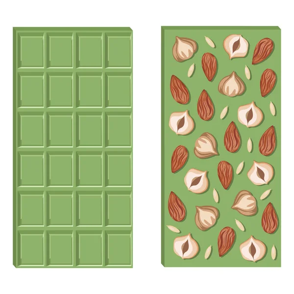 Set Green Chocolate Bars Matcha Hazelnuts Almonds Seeds Isolated White — Image vectorielle