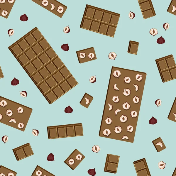 Vector Seamless Pattern Handmade Milk Chocolate Bar Hazelnuts Pieces Isolated — Vetor de Stock