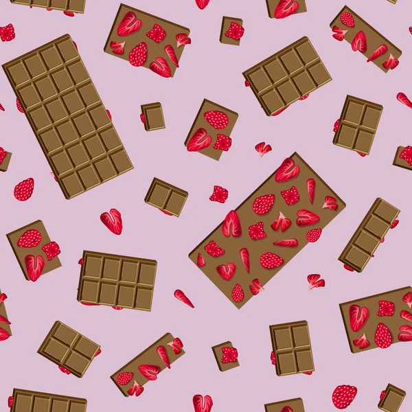 Vector Seamless Pattern Handmade Milk Chocolate Bar Dried Strawberries Pieces — Wektor stockowy