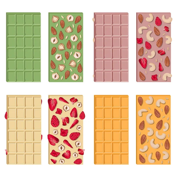 Vector Set White Pink Green Yellow Chocolate Bars Nuts Dried — Image vectorielle