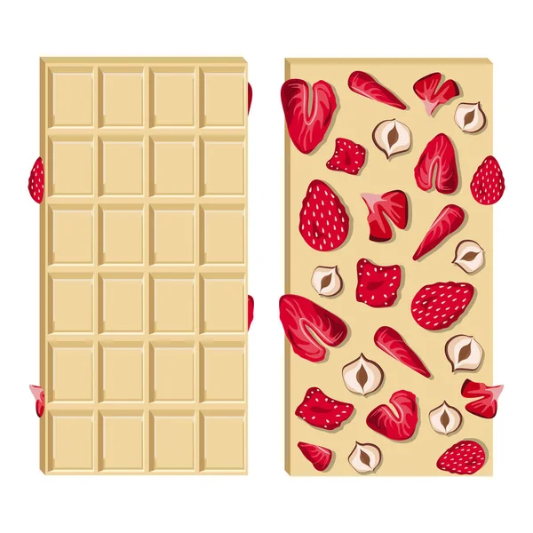 Vector Illustration Handmade White Chocolate Bar Dried Strawberries Hazelnuts Isolated — Vetor de Stock