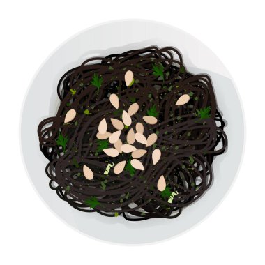 Top view of black long pasta with almond shavings and herbs in plate isolated on white background. Vector tangled spaghetti.