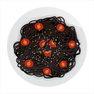 Top view of black long pasta with tomatoes and sesame seeds in plate isolated on white background. Tangled spaghetti. Vector illustration.
