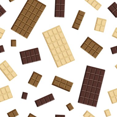 Vector seamless pattern of top view of white, milk and dark chocolate bars and pieces isolated on white background.