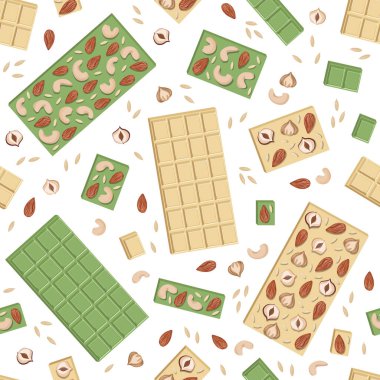 Vector seamless pattern of white and green chocolate bars with cashews, hazelnuts, almonds, seeds and pieces isolated on white background.
