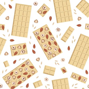 Vector seamless pattern of white chocolate bar with hazelnuts, almonds, seeds and pieces isolated on white background.