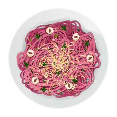 Top view of pink long pasta with cheese, hazelnuts and herbs in plate isolated on white background. Vector tangled spaghetti.