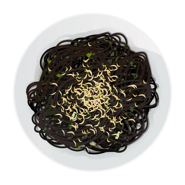 Top View Black Long Pasta Cheese Herbs Plate Isolated White — Vettoriale Stock