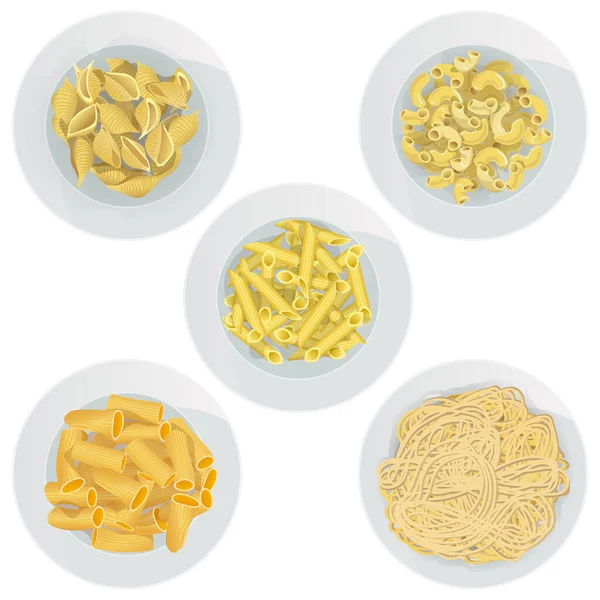 Vector Set Different Types Pasta Plates Isolated White Background Top — 스톡 벡터