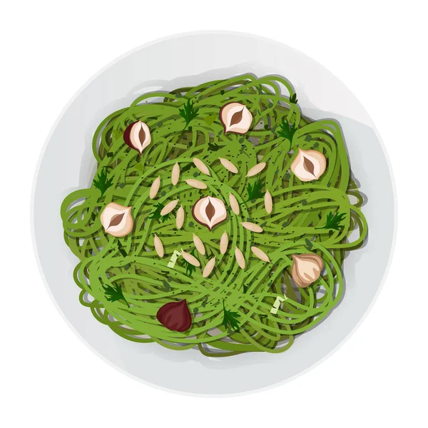 Top View Green Long Pasta Parsley Hazelnuts Seeds Plate Isolated — Stockvector