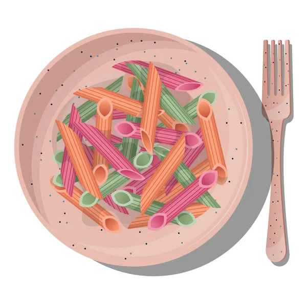 Vector Multicolored Pasta Penne Rigate Coral Plate Fork Isolated White — стоковый вектор