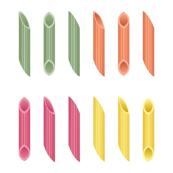 Vector Set Multicolored Penne Rigate Pasta Isolated White Background Separate — Vetor de Stock