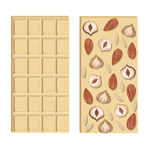 Vector White Chocolate Bar Hazelnuts Almonds Seeds Pieces Isolated White — Wektor stockowy