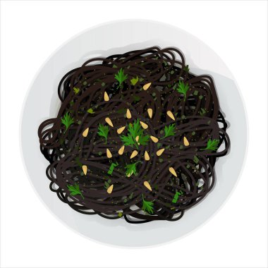 Beyaz arka planda uzun siyah makarna, çam fıstığı ve maydanoz. Vektör çizimi. Üst görünüm bölümü. Karışık spagetti..