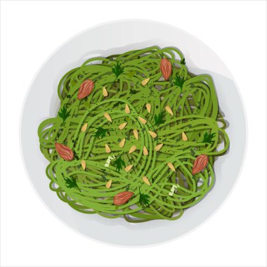 Beyaz arka planda uzun yeşil otlar, çam fıstığı, badem ve maydanozlu makarnalar. Vektör çizimi. Üst görünüm bölümü.