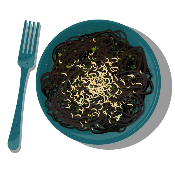 Vector Pasta Larga Negra Con Queso Hierbas Plato Esmeralda Con — Archivo Imágenes Vectoriales