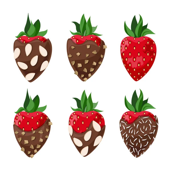 Vektorset Von Erdbeeren Vollmilchschokolade Mit Nusskrümeln Kokosflocken Und Mandelchips Isoliert — Stockvektor