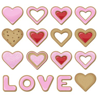 Kalpleri kaplayan, hindistan cevizi taneleri ve beyaz arka planda izole edilmiş çikolata parçalarıyla süslenmiş farklı çerezlerden oluşan bir vektör seti..