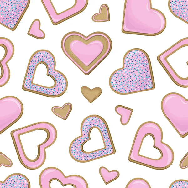 ピンク色の釉薬で覆われ 白い背景に隔離されたトッピング菓子で飾られた心の形で異なるクッキーのベクトルシームレスパターン — ストックベクタ