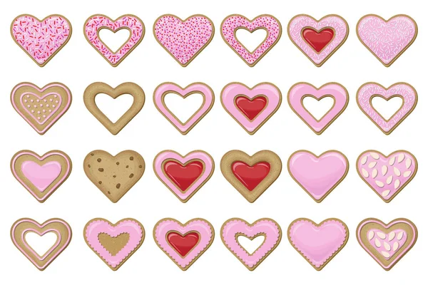 不同曲奇饼的载体 其形式为心形 其上覆盖着粉红釉面 上面装饰着糖果 杏仁片和椰子片 以白色背景隔开 — 图库矢量图片