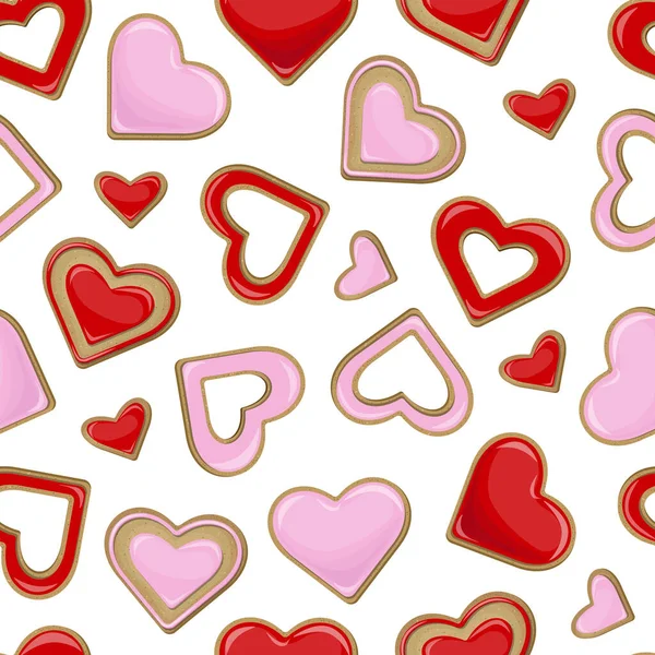 白い背景にピンクと赤の釉薬で覆われた心の形で異なるクッキーのベクトルシームレスパターン — ストックベクタ