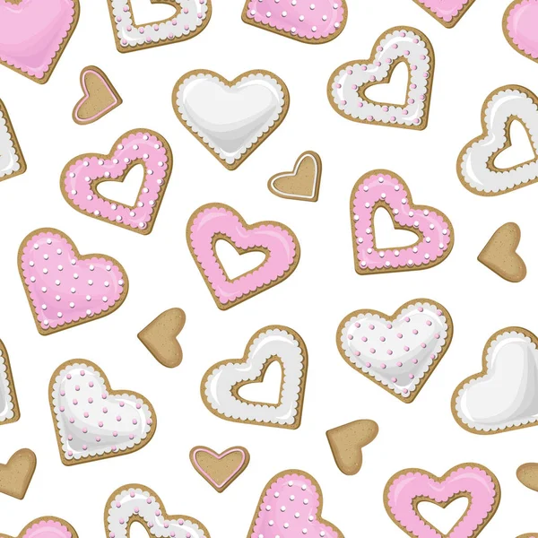 ピンクと白の釉薬で覆われた心の形で異なるクッキーのベクトルシームレスパターン — ストックベクタ