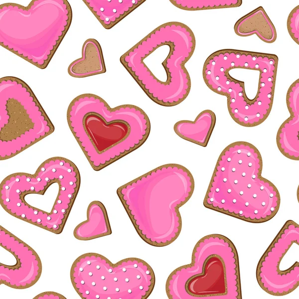 ピンクのクッキーのベクトルシームレスなパターンの心の形で白い背景に隔離された赤いジャム — ストックベクタ