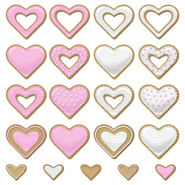 Vector Set Cookies Form Hearts White Pink Glaze — Stock Vector