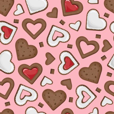 Farklı kurabiyelerin, beyaz jöle ve kırmızı reçelle kaplanmış ve pembe arka planda izole edilmiş çikolatalarla kaplanmış farklı şekillerde vektörsüz desenleri..