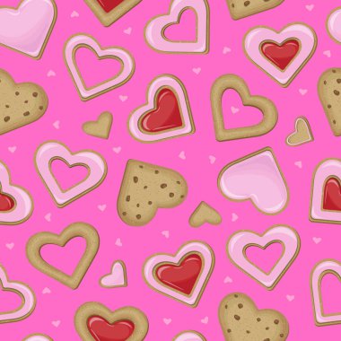 Parlak arka planda kırmızı reçelli kalpler şeklinde pembe kurabiyeler. Vektörsüz desen.