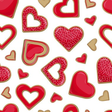 Kalpli kurabiyeler kırmızı jöleli ve beyaz üzerine izole edilmiş şekerlemelerle süslenmiş. Vektörsüz desen.