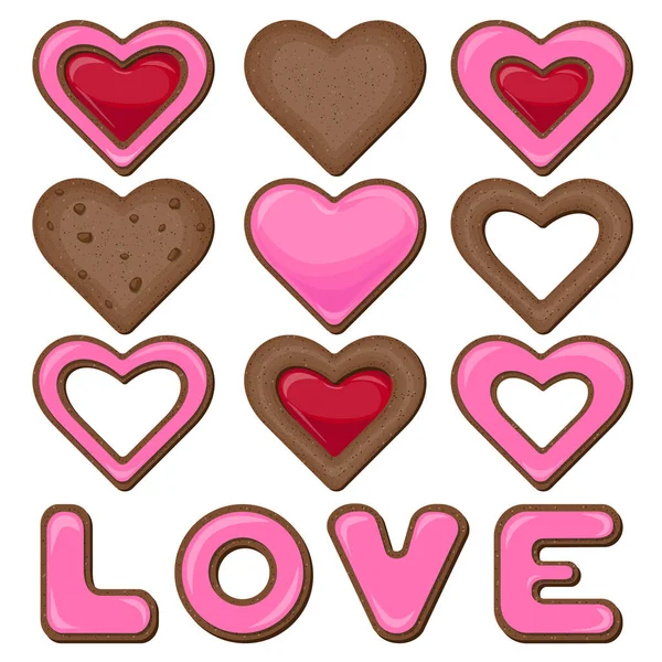 Biscuits Vectoriels Chocolat Forme Cœur Lettres Pliés Dans Mot Amour — Image vectorielle