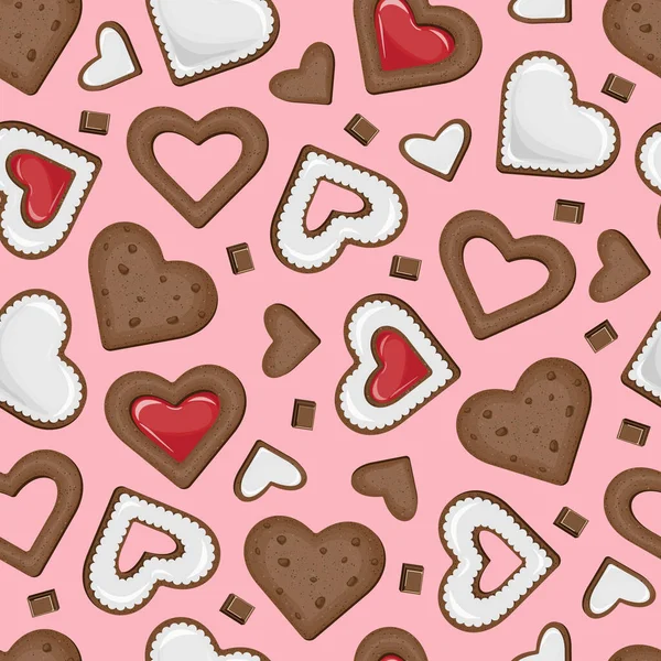 Vector Seamless Pattern Different Cookies Form Hearts Covered White Glaze — Stock Vector